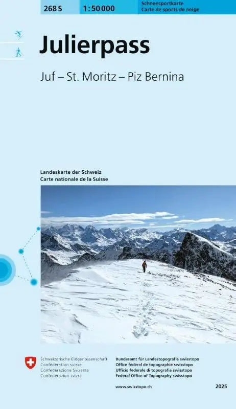 Sneeuwbedekte bergketen met een wandelaar op een besneeuwd pad bij piz bernina op de 268s julierpass schneesportkarte