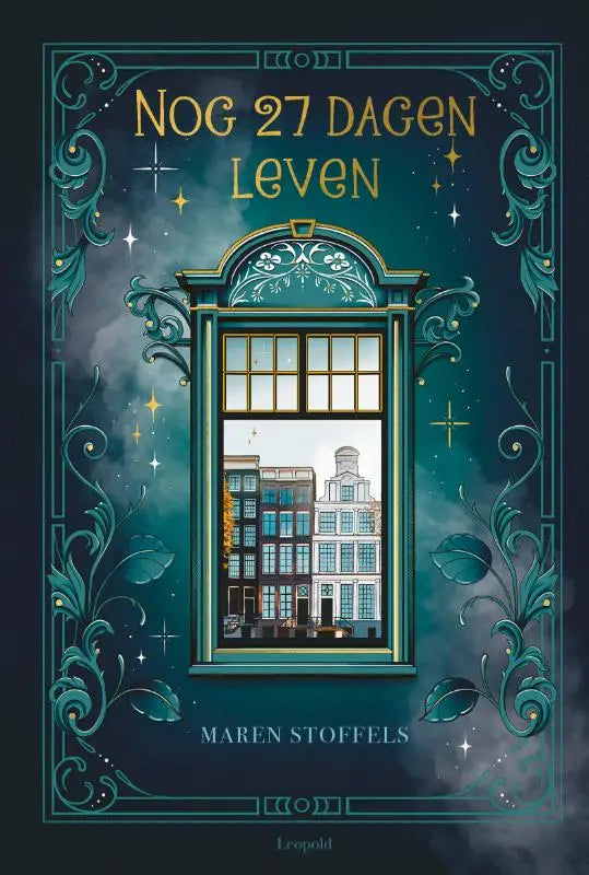 De boekcover van nog 27 dagen leven toont een sierlijk teal raam met europese gebouwen en een starre nacht achtergrond