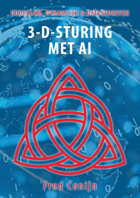 Blauwe boekcover met rood celtisch knoopontwerp en tekst over 3d control met ai voor datagedreven sturen en kunstmatige intelligentie