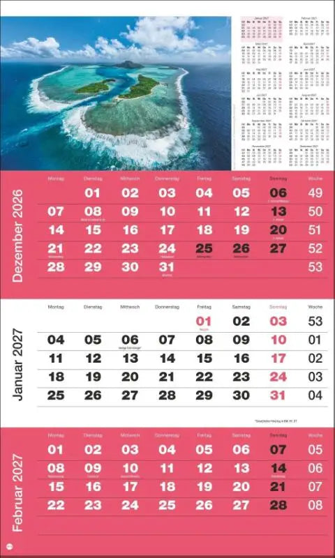 3-Monatsplaner Foto Traumziele 2027 - Praktischer Monatsplaner mit Datumsschieber. Büro-Kalender mit Fotos von traumhaften Reisezielen. Wandkalender 2027 fürs Büro.