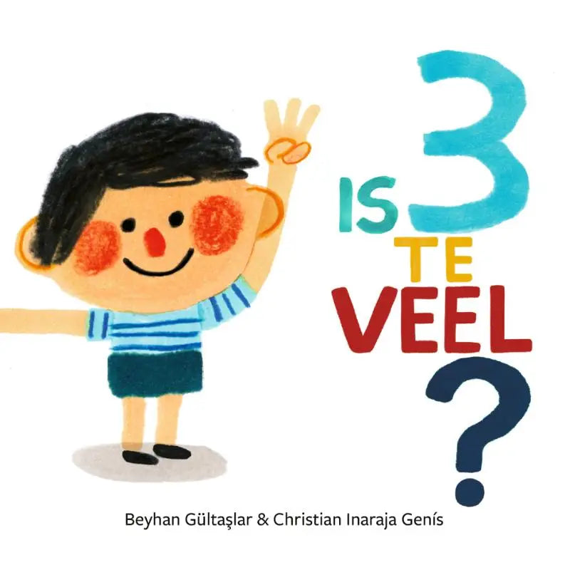Een vrolijke cartoonjongen in een blauw-wit gestreept shirt staat naast kleurrijke tekst 3 is te veel gericht op jonge lezers
