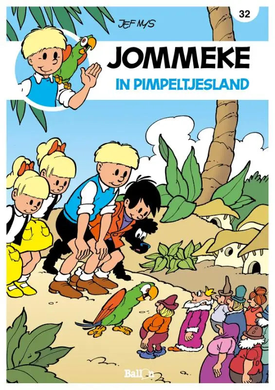 Jommeke stripboek 32 in pimpeltjesland van jef nys toont kleurrijke cartoonfiguren in buitenomgeving voor strips algemeen