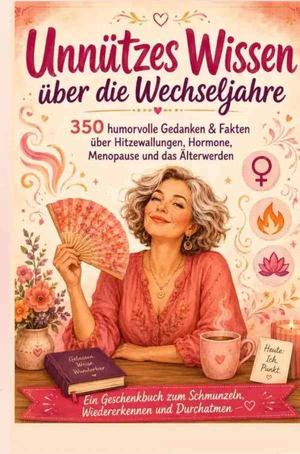 Vrouw met grijs krullend haar in roze blouse houdt decoratieve waaier vast bij geschenkbuch zum schmunzeln