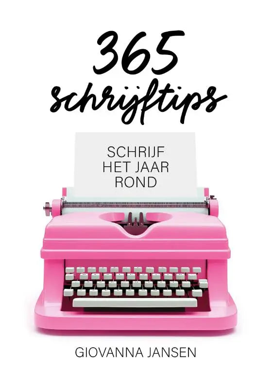 Een levendige roze vintage typemachine met wit papier en zilveren toetsen voor 365 schrijftips schrijf het jaar rond