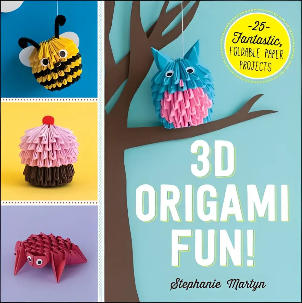De cover toont een blauw-roze origami uil hangend aan een tak voor foldable paper projects en origami fun