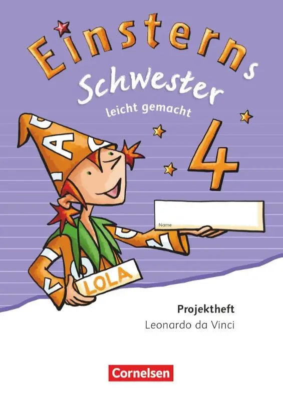Een vrolijke cartoonelf in oranje witte outfit houdt een naamlabel lola vast bij einsterns schwester taal en lezen projectboek leicht gemacht