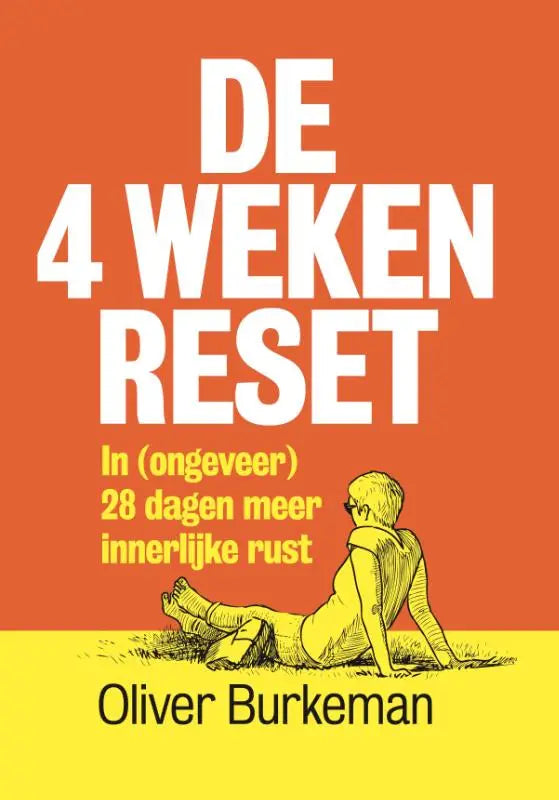 De 4 weken reset boekcover met witte tekst en illustratie van persoon in meditatie voor meer innerlijke rust