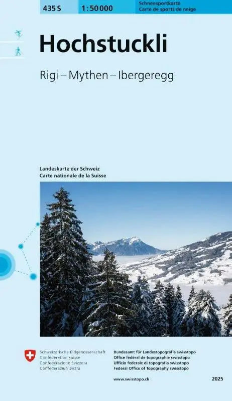 Snow-covered pine trees and snow-dusted mountains on the 435s hochstuckli schneesportkarte official swiss map