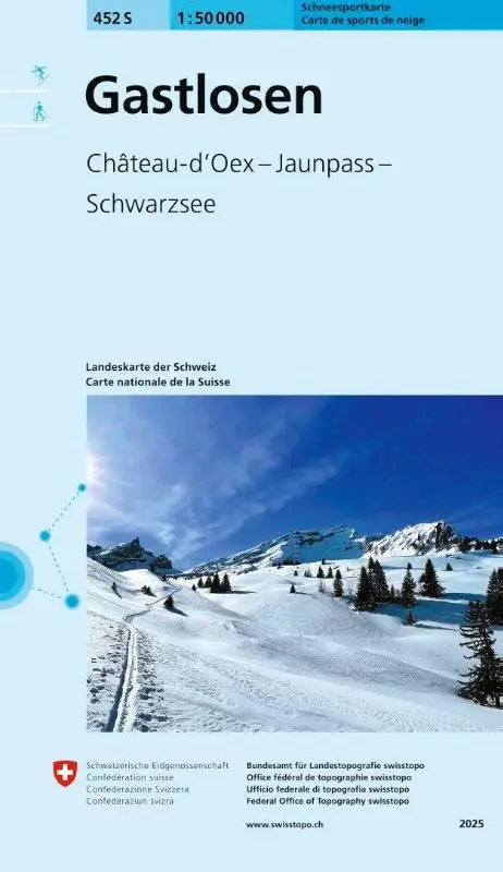 Lichtblauwe 452s gastlosen schneesportkarte ski kaart met gastlosen route château-d’oex jaunpass schwarzsee 2025 swisstopo