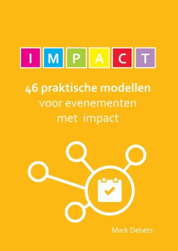 Vibrante gele boekomslag met impact titel in kleurrijke blokletters en 46 praktische modellen voor evenementen