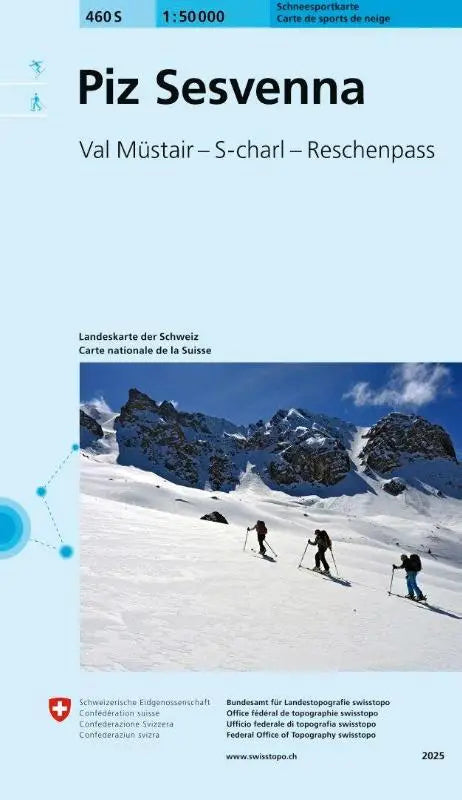 Sneeuwbedekte bergtop piz sesvenna op de 460s piz sesvenna schneesportkarte voor val müstair skiën