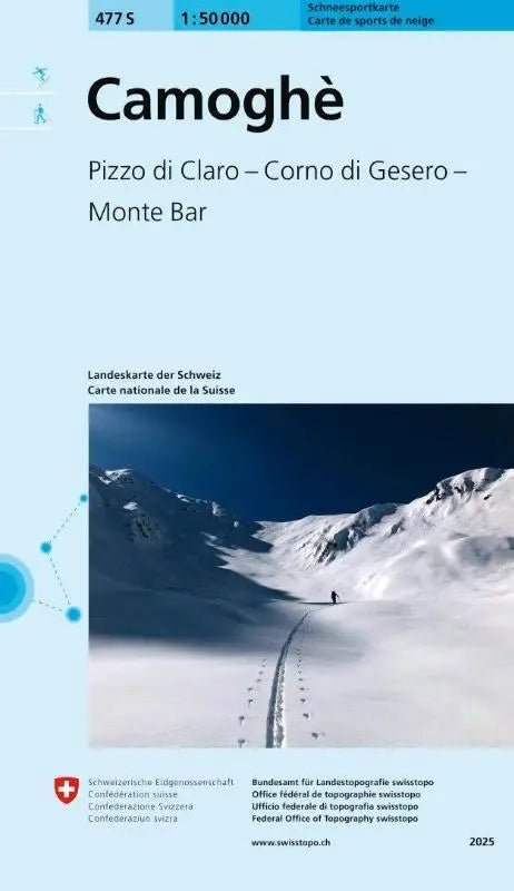 Snow-covered mountain peaks with a lone skier descending a trail on the 477S camoghè schneesportkarte near pizzo di claro corno di gesero monte bar