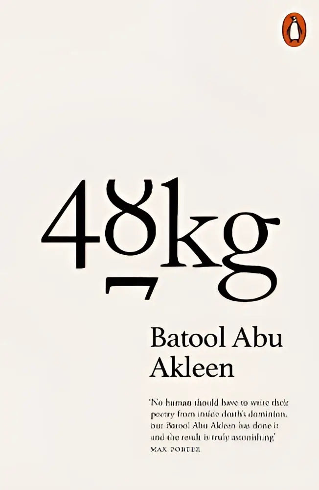Lichtbeige productetiket met zwarte serif tekst 48kg en de naam batool abu akleen erop weergegeven