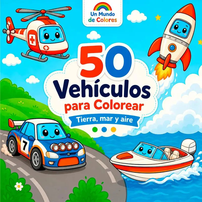 Kleurboek 50 vehículos para colorear tierra mar y aire met rode wit helikopter oranje raket blauwe racewagen en witte boot