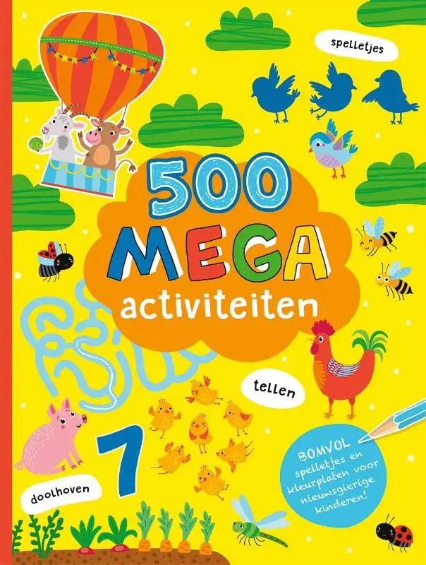 Kleurige kinderactiviteitenboekcover met 500 mega activiteiten bomvol spelletjes voor jonge lezers