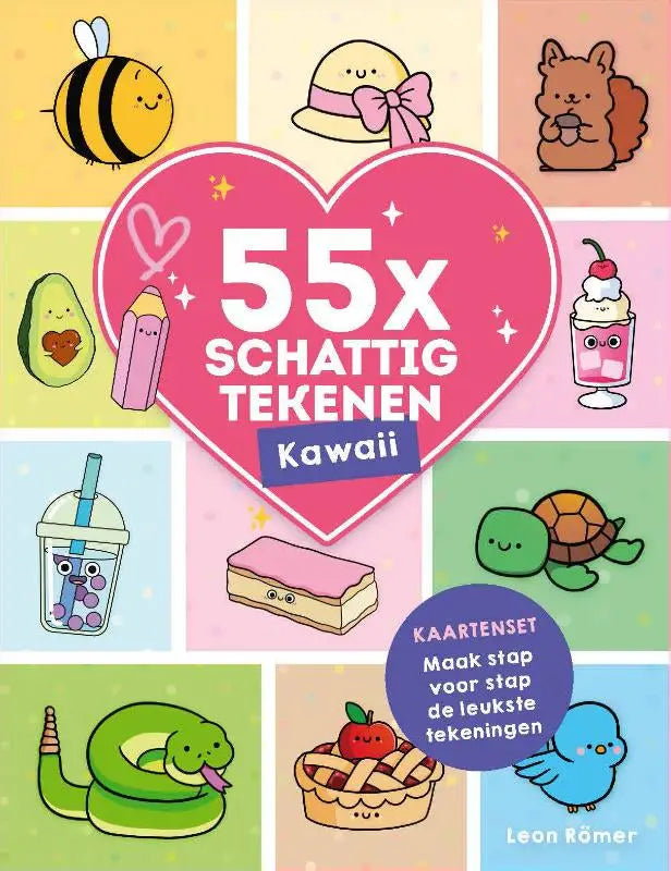 Roze hartvormige cover van 55x schattig tekenen kawaii met schattige cartoonillustraties voor tekenen