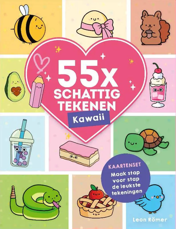 Roze hartvormige cover van 55x schattig tekenen kawaii tekenkaartenset van leon römer voor tekenen kawaii
