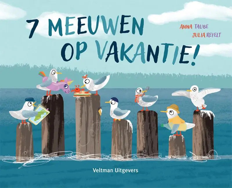 Illustrated children’s book cover with seven colorful seagulls wearing hats and scarves by the sea for jonge lezers