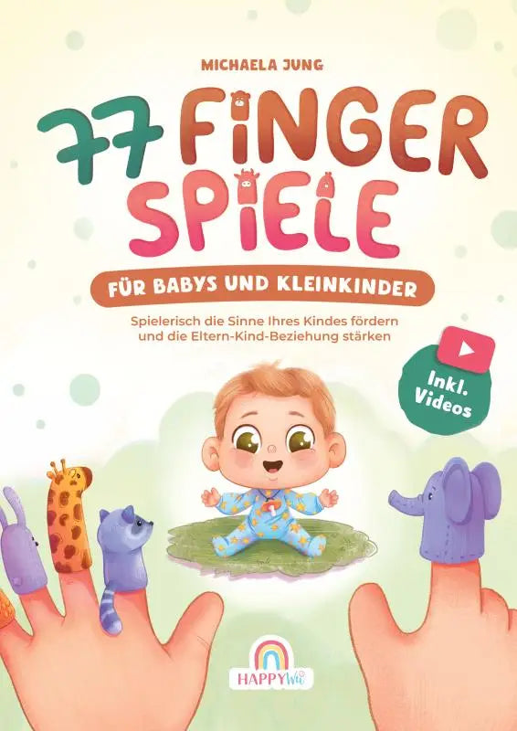 Kleurrijk kinderboek met cartoonbaby in blauwe pyjama en dierlijke vingerpoppen voor babys und kleinkinder das ideale geschenk
