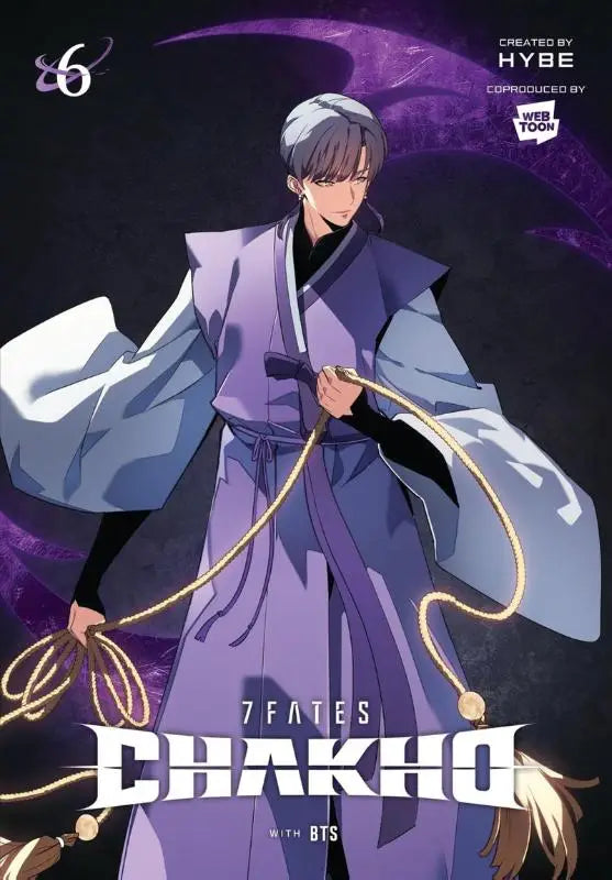 Een gestileerd animepersonage in een vloeiende paarse mantel met gouden touwaccenten op de cover van 7fates chakho vol 6 comic