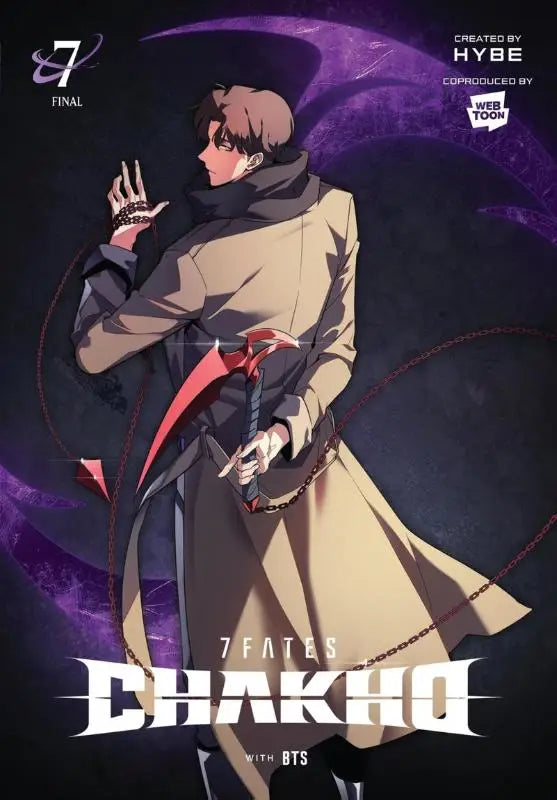 Een gestileerd anime personage in een beige trenchcoat met een roodzwarte sikkel tegen een paars kosmisch achtergrond op 7fates chakho volume 7 comic cover
