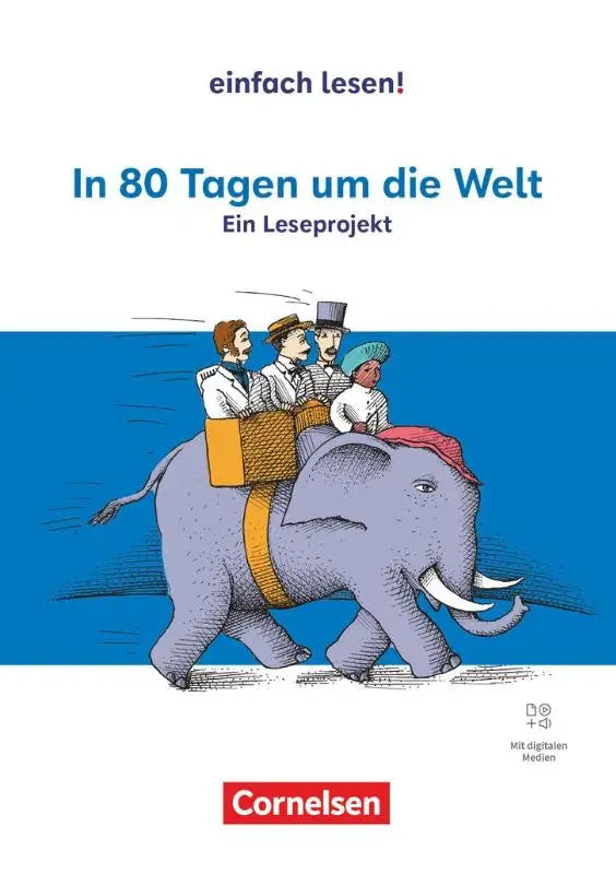 Blauwe boekomslag eenvoudig lezen met cartoon van vier mannen op een olifant in jules verne s in 80 dagen um die welt