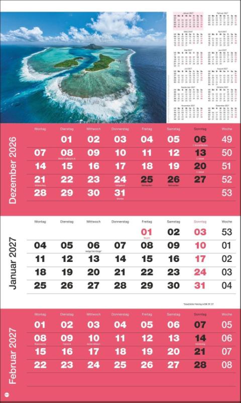 3-Monatsplaner Foto Traumziele 2027 - Praktischer Monatsplaner mit Datumsschieber. Büro-Kalender mit Fotos von traumhaften Reisezielen. Wandkalender 2027 fürs Büro.