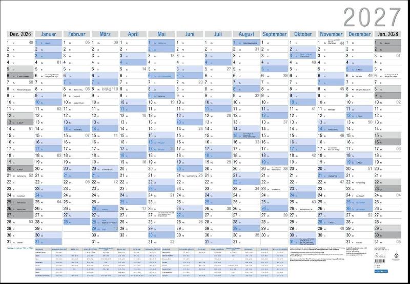 Wandplaner Neutral 2027 - Großer Jahresplaner. Wandkalender 2027 zum Eintragen. XXL Büro-Kalender mit Ferienterminen und Feiertagen. 98 x 68 cm