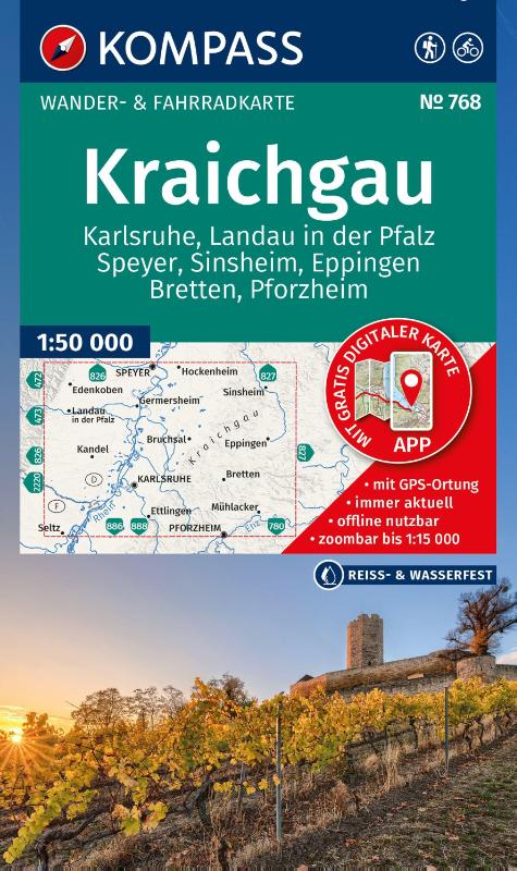 KOMPASS Wanderkarte 768 Kraichgau, Karlsruhe, Landau i. d. Pfalz, Speyer, Sinsheim, Eppingen, Bretten, Pforzheim 1:50.000 - Wander- und Fahrradkarte in einem - inklusive Offline-Verwendung in der KOMPASS-App. Wander-& Radwege.