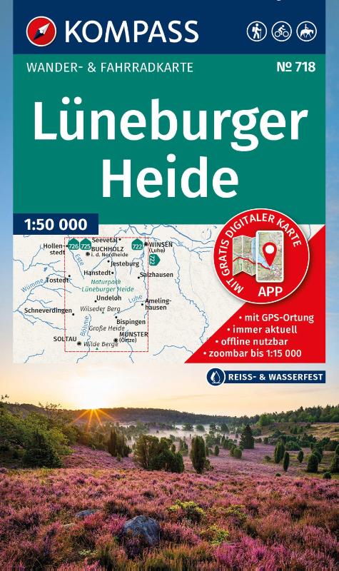KOMPASS Wanderkarte 718 Lüneburger Heide 1:50.000 - Wander- und Fahrradkarte in einem - inklusive Offline-Verwendung in der KOMPASS-App. Wander-& Radwege. Reiten.