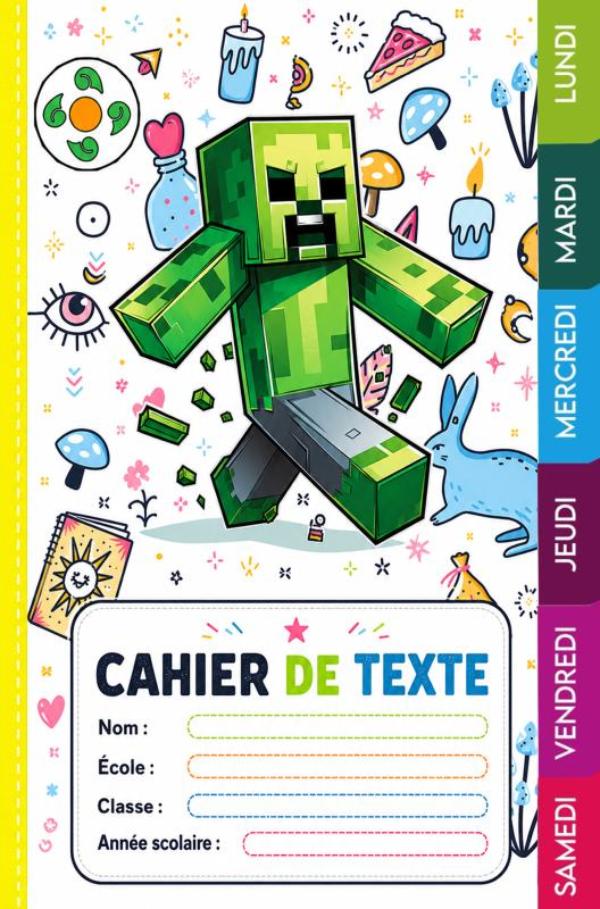 Cahier de Texte Minecraft 2026-2027 - Cahier de devoirs complet pour enfants avec emploi du temps, coloriages, suivi des notes, tableau de multiplication et pages d’organisation scolaire