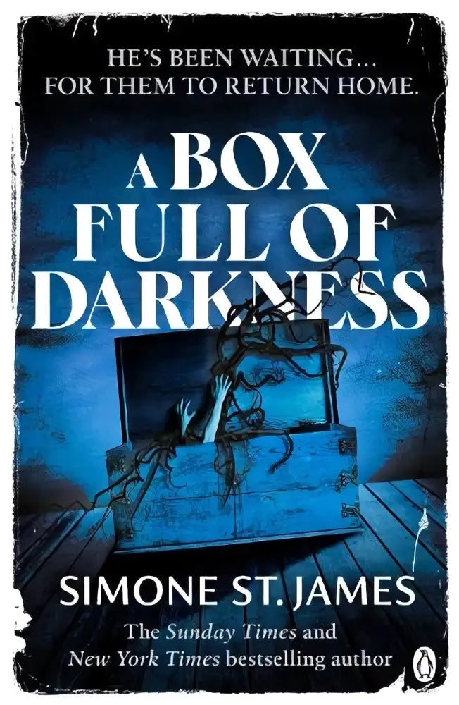 Donkerblauwe, getextureerde boekomslag van a box full of darkness met een open doos en mysterieuze handen, spannende fictie esoterische thriller