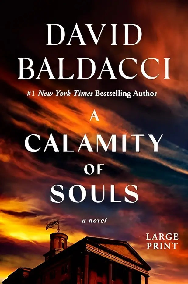 De boekcover toont een klassiek gebouw met een dramatische oranje en paarse lucht in a calamity of souls