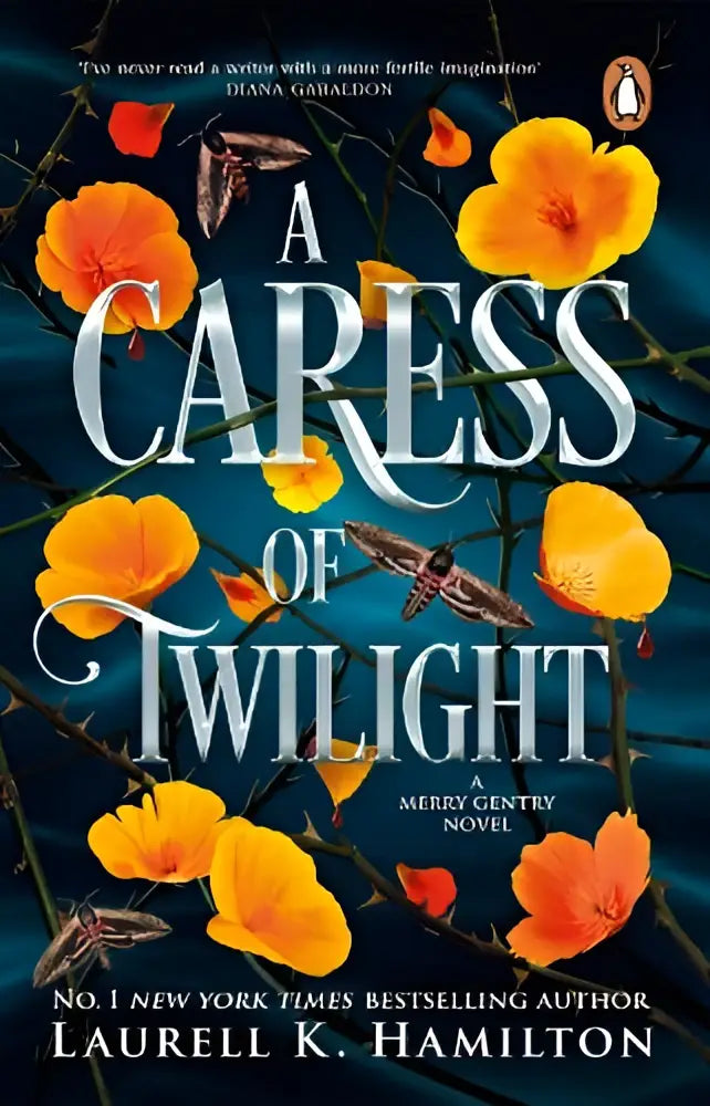 Een levendige boekcover van a caress of twilight urban fantasy van transworld publishers ltd met witte tekst, oranje klaprozen en nachtvlinders op donkerblauwe achtergrond