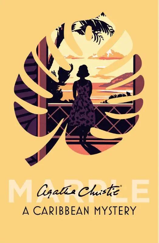 A caribbean mystery book cover featuring a stylized silhouette of a woman on a balcony with tropical leaves at sunset