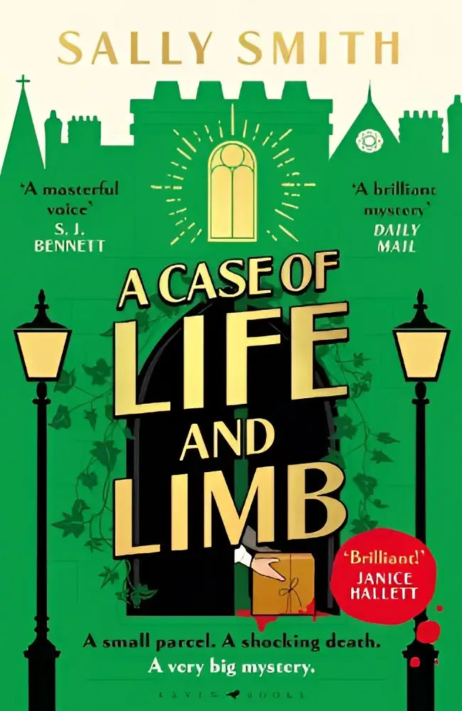 Groen boekhoes van a case of life and limb door sally smith met illustraties van straatlantaarns, kasteelsilhouet en open deur, aanbevolen als brilliant mystery daily mail