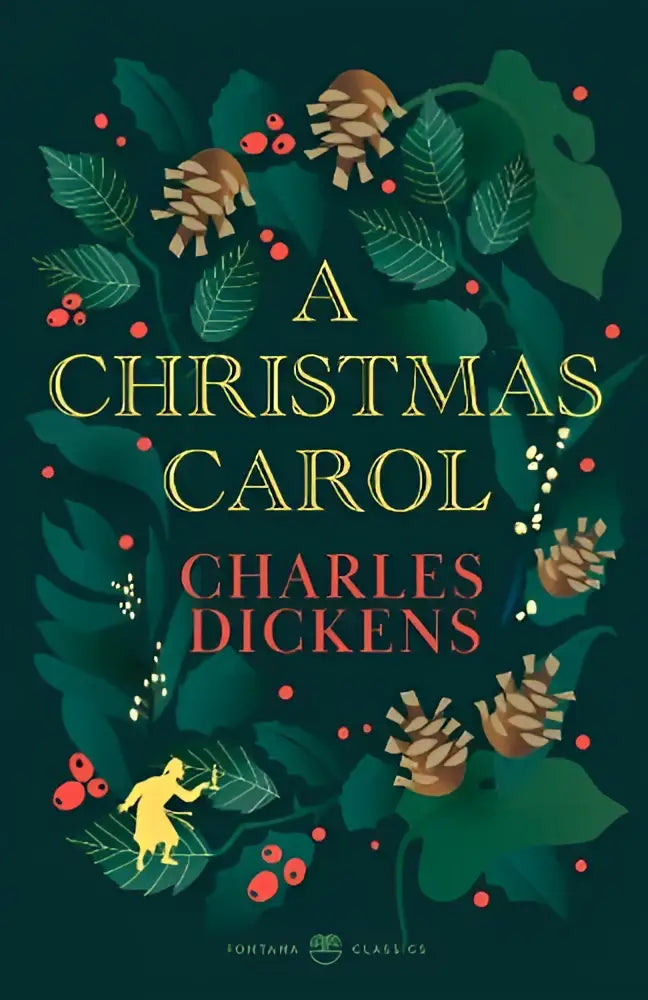 Donkergroene boekomslag van a christmas carol door charles dickens met illustraties van dennenappels en rode bessen