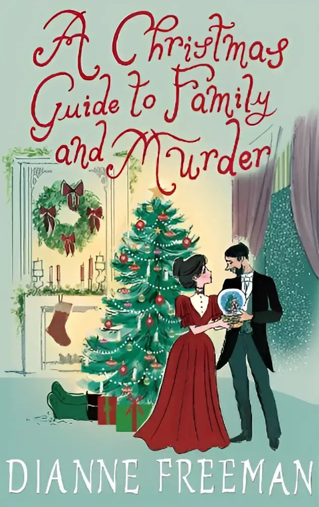 Christmas-themed book cover showing a man and woman by a decorated tree for a christmas guide to family and murder