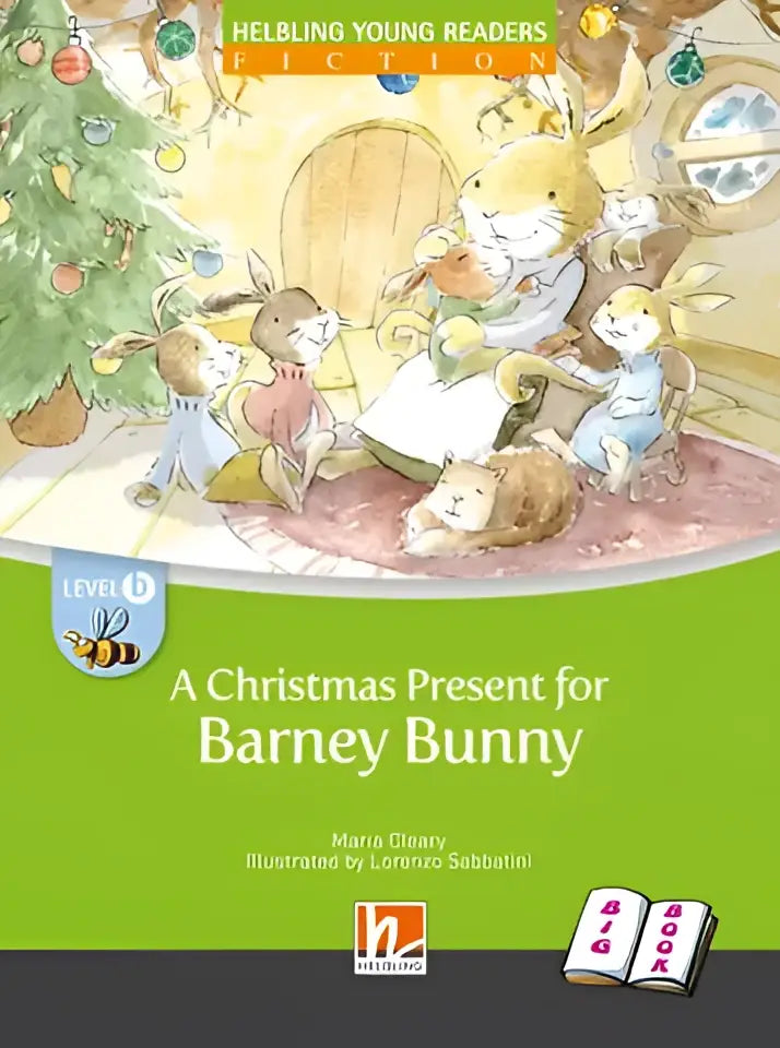 Groot formaat kinderboek A Christmas Present for Barney Bunny, groene kaft met konijntjes en kerstboom