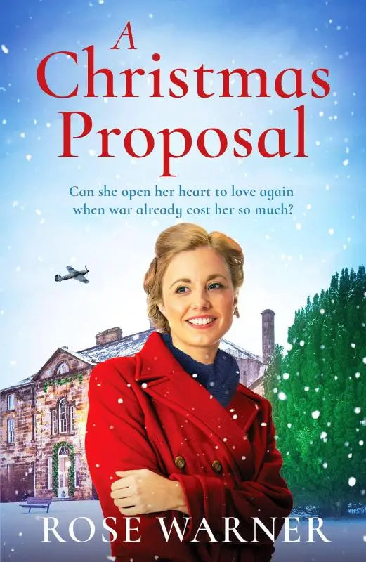 A woman in a red coat with navy collar smiles in snow for christmas proposal the uplifting ww2 romance saga novel