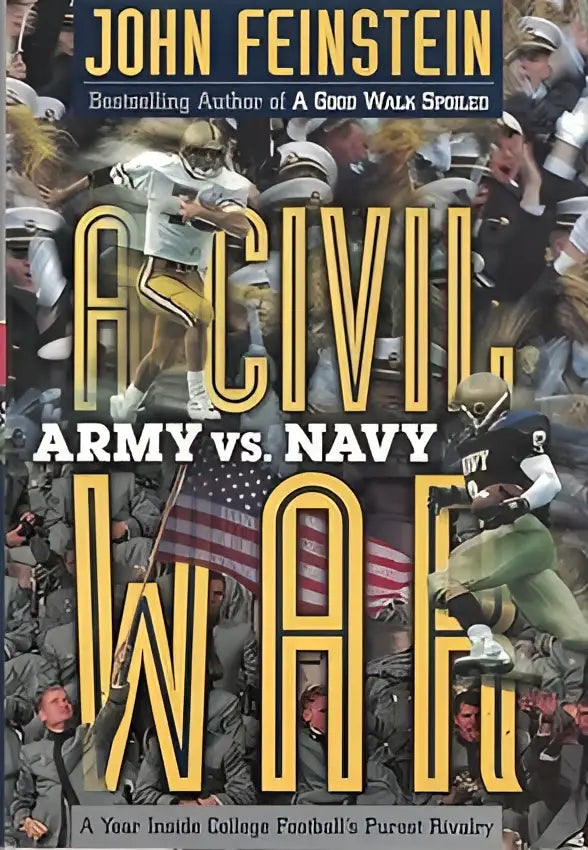 De boekcover toont geel vetgedrukte letters voor de titel a civil war army vs navy een jaar in de zuiverste college football rivaliteit