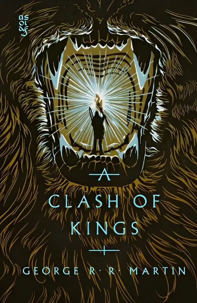 De boekcover van a clash of kings toont een leeuwenbek met stralend licht in donkere bruine en gouden tinten in ice and fire thema
