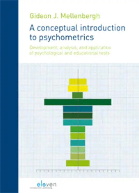 Boekomslag van een conceptual introduction to psychometrics met gestileerde groene en gele geometrische figuur, koninklijke boom uitgevers