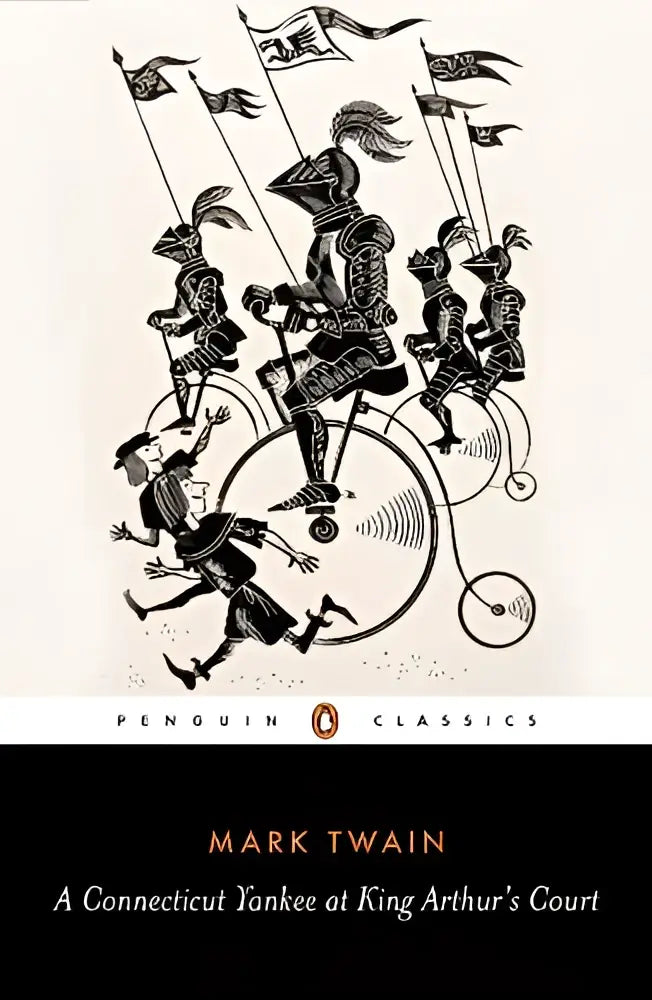 Zwarte en witte geïllustreerde boekomslag van connecticut yankee met ridders op fietsen van mark twain van penguin classics