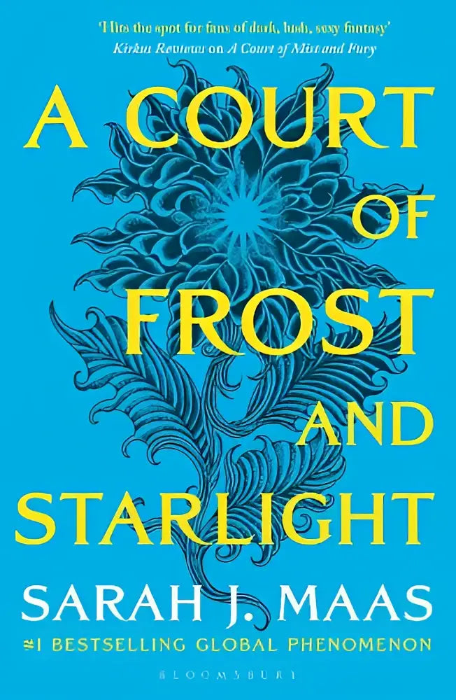 Een levendige blauwe boekomslag van a court of frost and starlight met een onmisbaar companion tale design