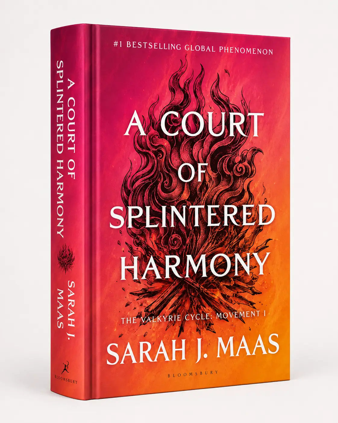 Een levendig rood hardcover boek genaamd a court of splintered harmony door sarah j. maas zesde deel fae courts thorns and roses