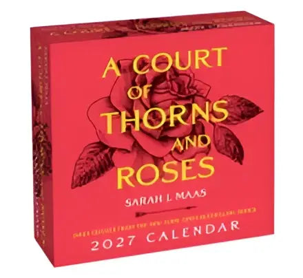 Een levendige rode dagkalender met gouden letters en bloemmotief van a court of thorns and roses 2027