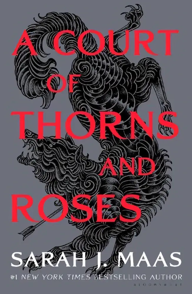 Een opvallende boekomslag van a court of thorns and roses met een scharlakenrode titel en een zwart-witte draakillustratie voor jonge lezers