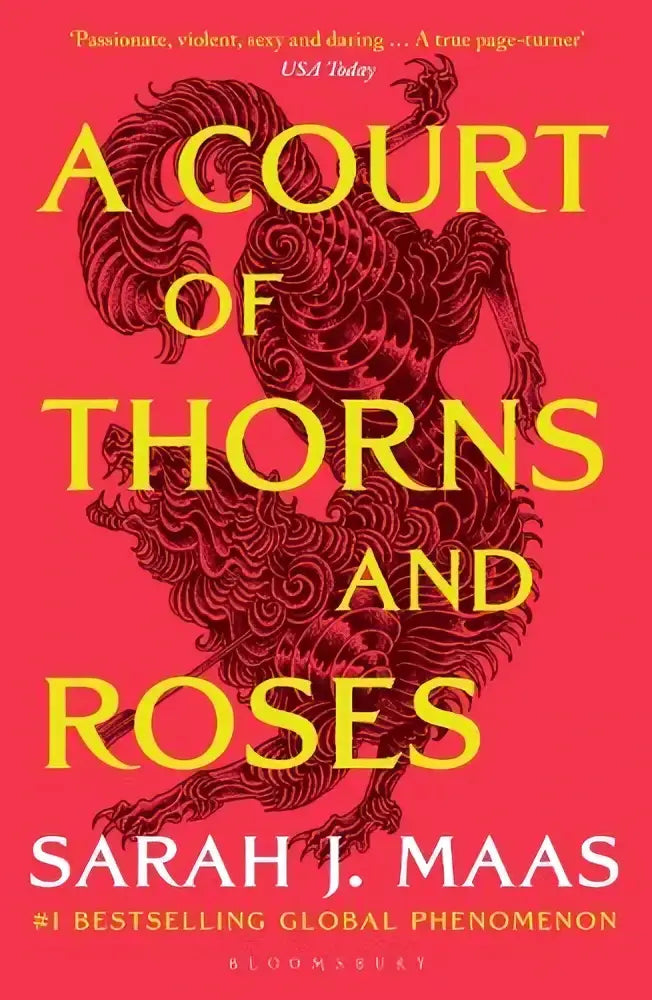 Een levendig rood boek met gele tekst en een zwarte en rode draakillustratie voor thorns and roses enter the epic fantasy