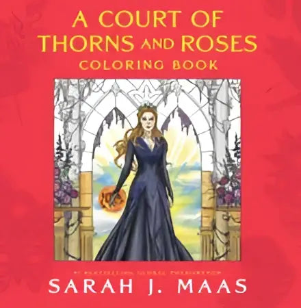 A court of thorns and roses coloring book with a woman in a black gown on a vibrant red cover featuring ornate archways